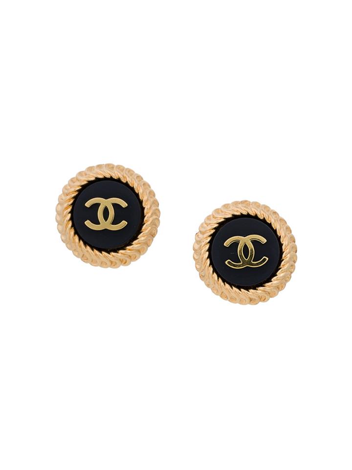 Chanel Vintage Embossed Logo Earrings - Black