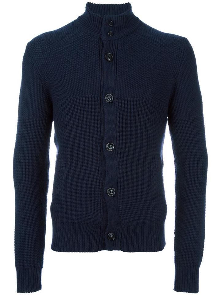 Drumohr High Neck Ribbed Cardigan, Men's, Size: 54, Blue, Lambs Wool