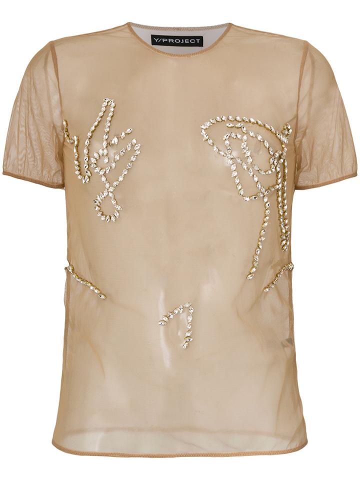 Y / Project Sheer Embellished T-shirt - Nude & Neutrals
