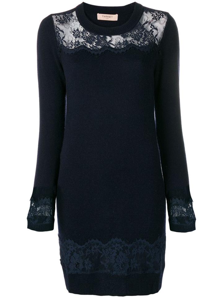 Twin-set Lace Panel Sweater Dress - Blue