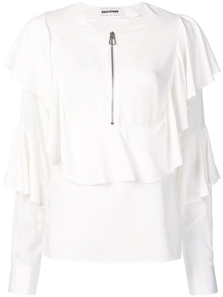 Each X Other Zip Front Ruffled Blouse - White