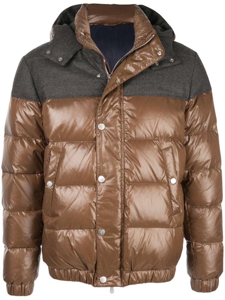 Eleventy Contrast Panel Hooded Down Jacket - Brown