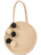 Kayu Weaved Round Tote Bag With Pom-poms - Brown