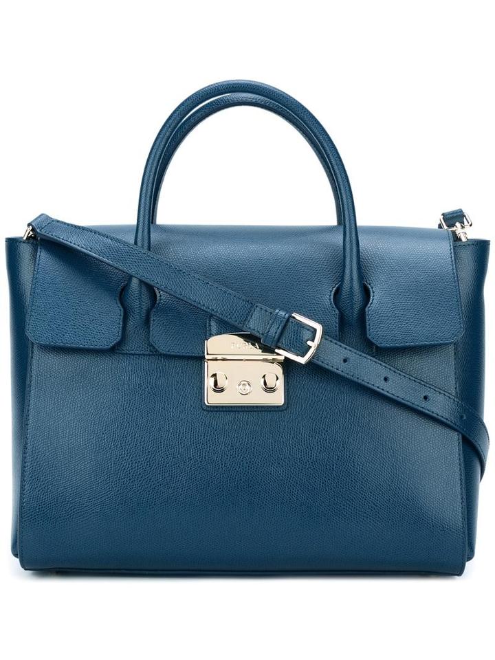 Furla Push Lock Tote Bag, Women's, Blue, Leather