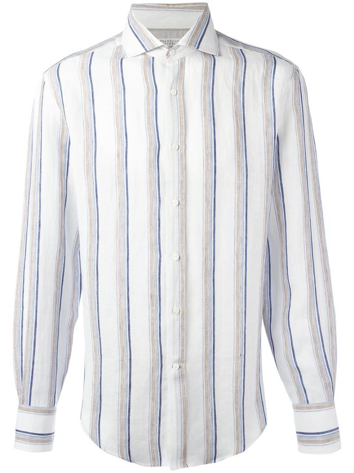 Brunello Cucinelli Striped Shirt, Men's, Size: Xl, White, Linen/flax/cotton