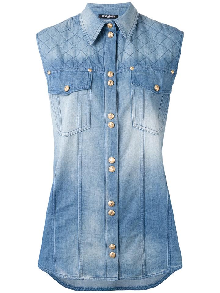 Balmain - Sleeveless Denim Blouse - Women - Cotton - 36, Blue, Cotton