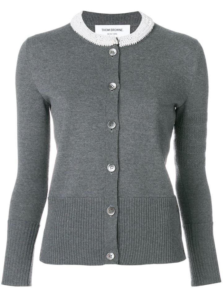 Thom Browne Pearl Applique Wool Crewneck Cardigan - Grey