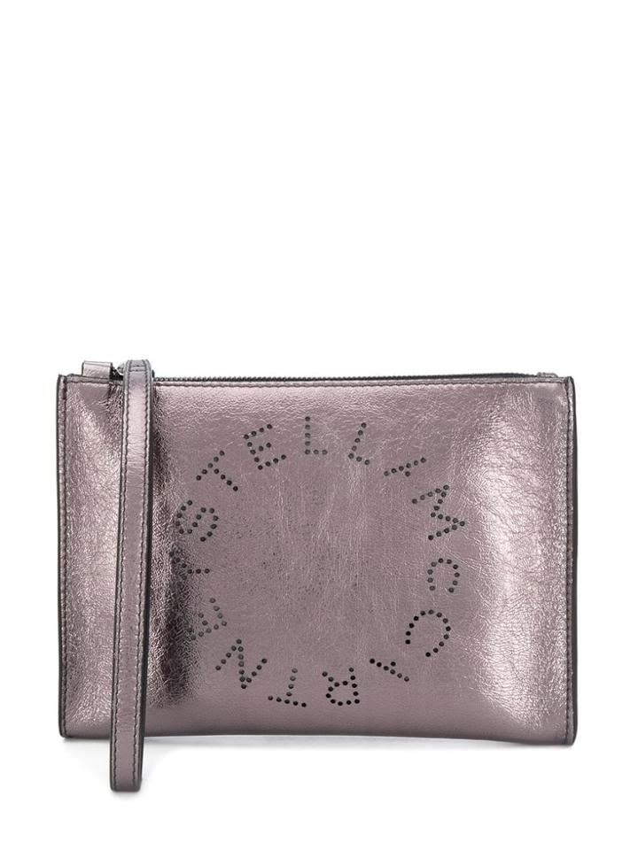 Stella Mccartney Perforated-logo Metallic Clutch - Silver