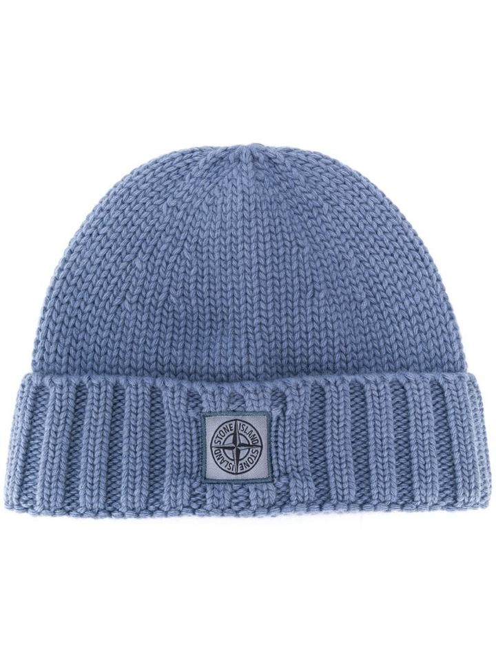 Stone Island Logo Knitted Hat - Blue