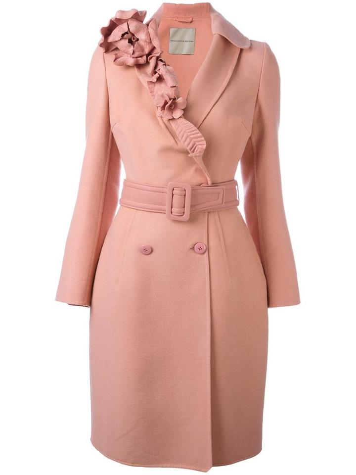 Ermanno Scervino Floral Collar Belted Coat, Women's, Size: 46, Pink/purple, Virgin Wool/cupro