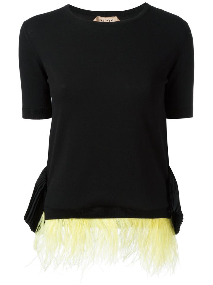 No21 Feathered Hem T-shirt, Size: 42, Black, Cotton