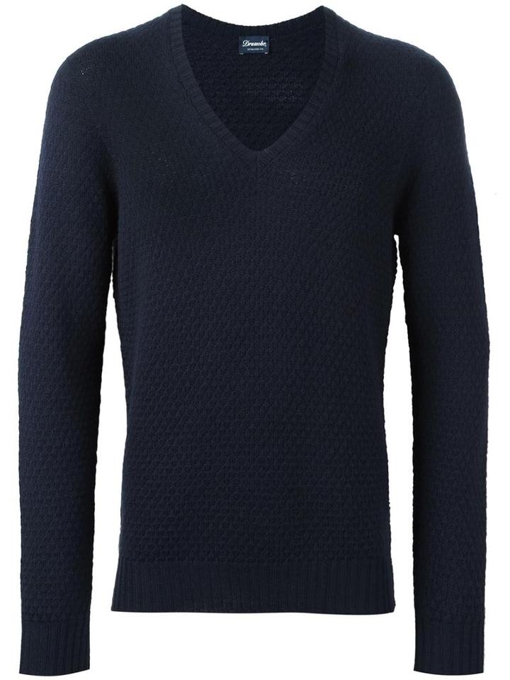 Drumohr V-neck Jumper, Men's, Size: 54, Blue, Merino