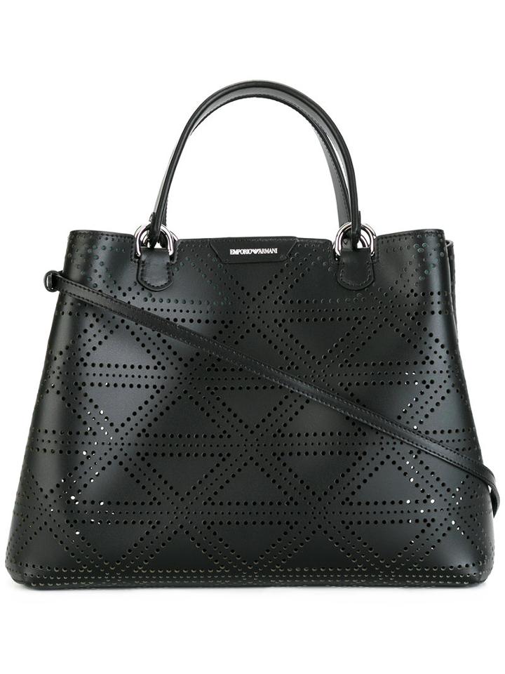 Emporio Armani Perforated Detail Tote Bag, Women's, Black, Sheep Skin/shearling