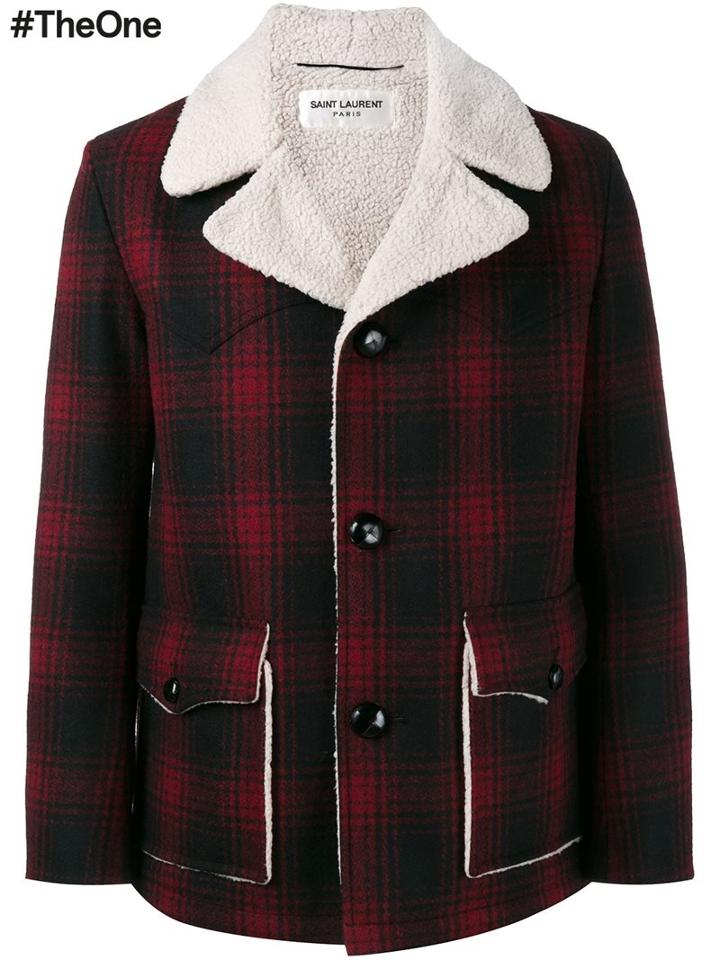 Saint Laurent Faux Shearling Checked Coat, Men's, Size: 46, Red, Silk/cotton/polyester/wool