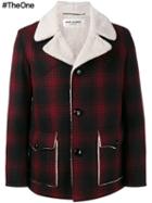 Saint Laurent Faux Shearling Checked Coat, Men's, Size: 46, Red, Silk/cotton/polyester/wool