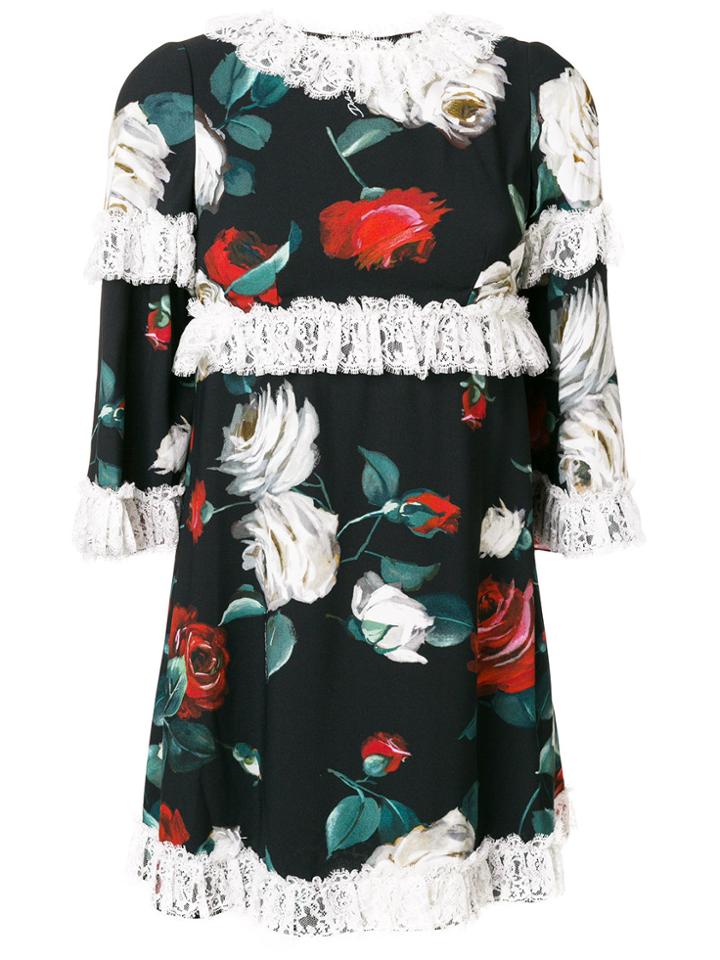 Dolce & Gabbana Floral Print Ruffle Trimmed Dress - Black