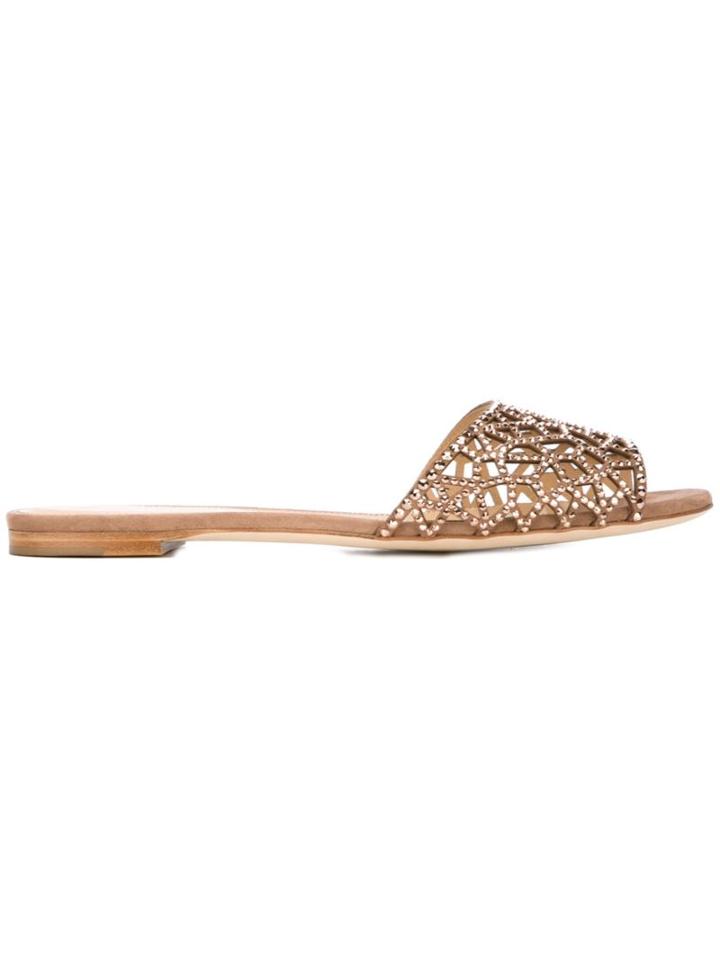 Sergio Rossi Embellished Flat Sandals, Women's, Size: 38.5, Brown, Leather/glass/calf Suede