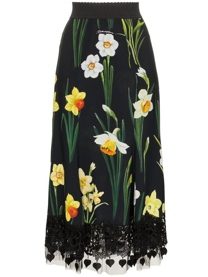 Dolce & Gabbana Floral Print Mermaid Lace Skirt - Black