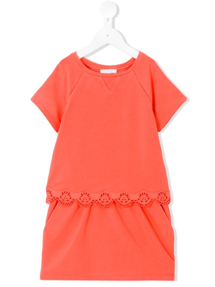 Chloé Kids - Broderie Anglaise Trim Dress - Kids - Cotton/spandex/elastane - 12 Yrs, Pink/purple