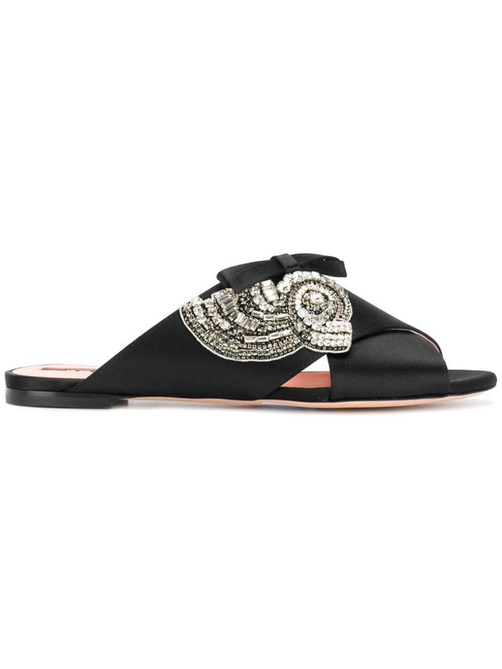 Rochas Embellished Cross Strap Slides - Black