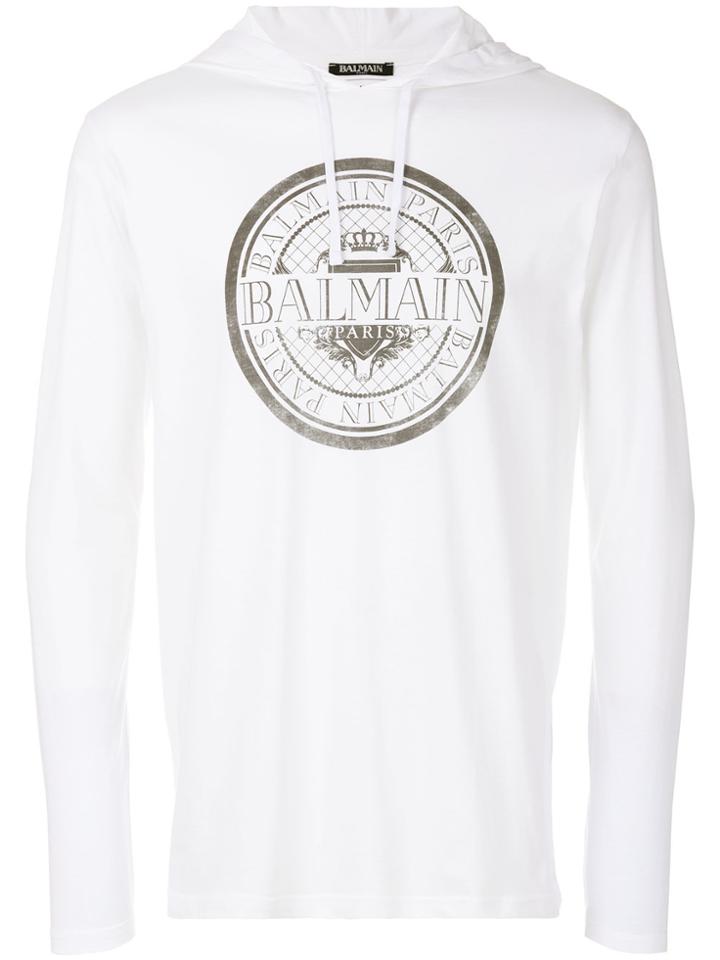 Balmain Logo Print Hoodie - White