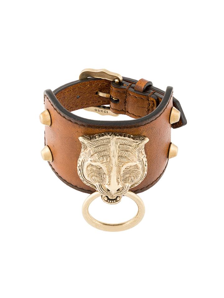 Gucci Leather Bracelet With Feline Head - Brown
