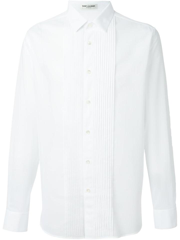 Saint Laurent Pleated Bib Shirt, Men's, Size: 41, White, Cotton