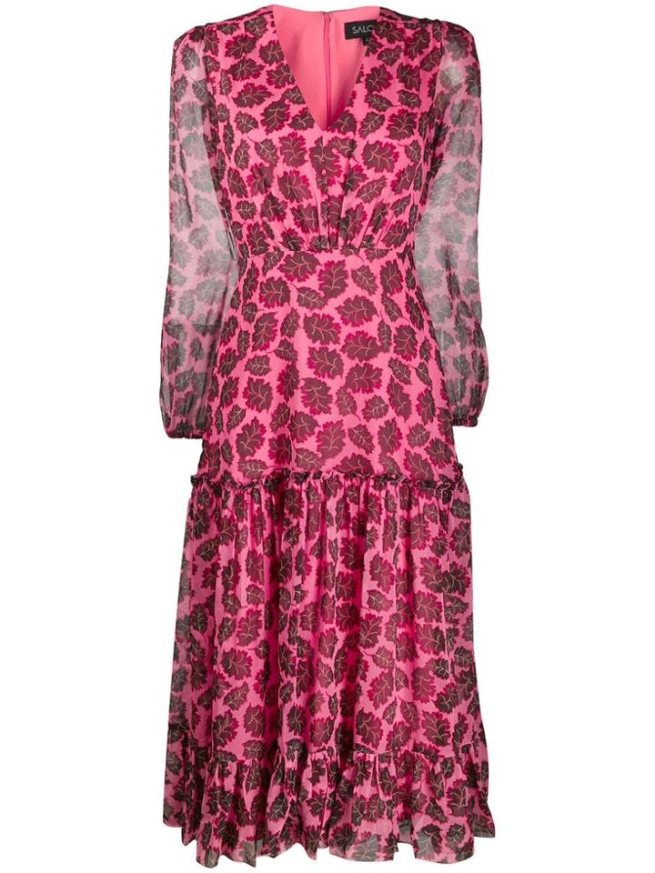Saloni Ruffled Foliage Print Midi Dress - Pink