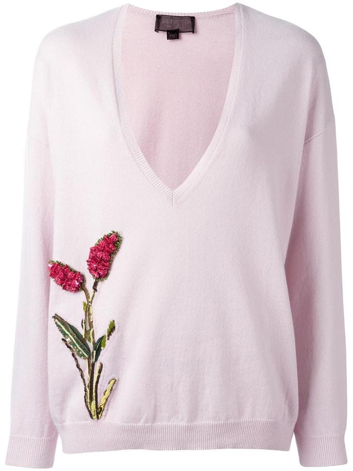 Giambattista Valli - Flower Embellished V-neck Jumper - Women - Cashmere - 40, Pink/purple, Cashmere