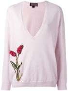 Giambattista Valli - Flower Embellished V-neck Jumper - Women - Cashmere - 40, Pink/purple, Cashmere