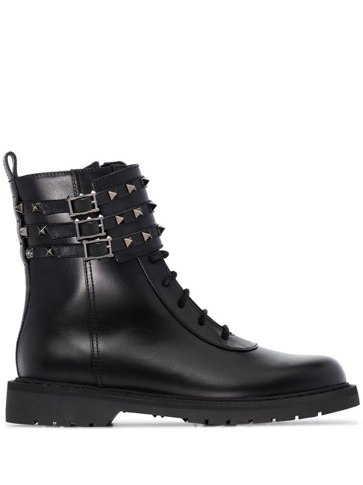 Valentino Rockstud Flat Combat Boots - Black