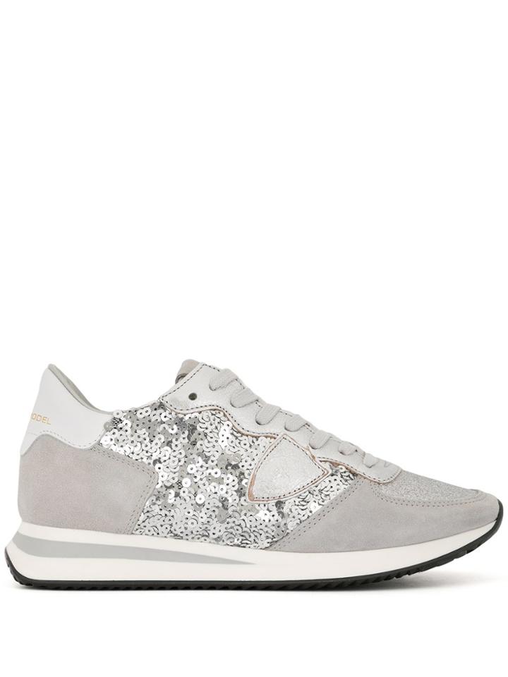 Philippe Model Sequin-embellished Logo Trainers - Silver