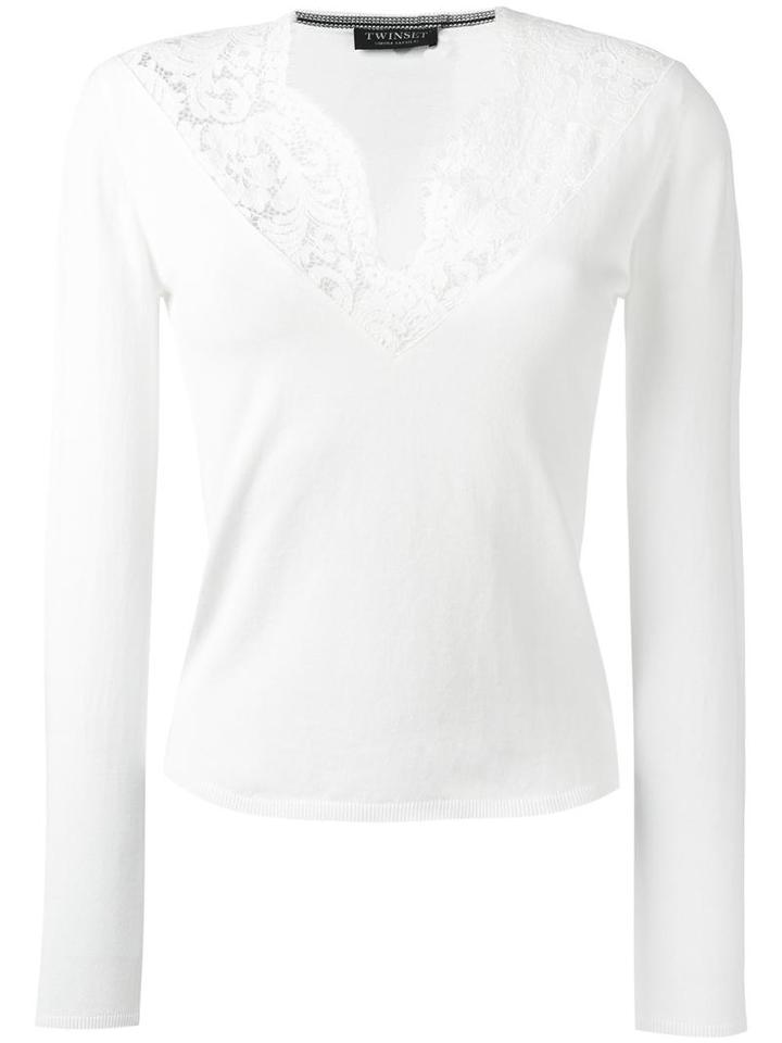 Twin-set Lace V-neck Jumper, Women's, Size: Small, White, Cotton/polyamide/spandex/elastane