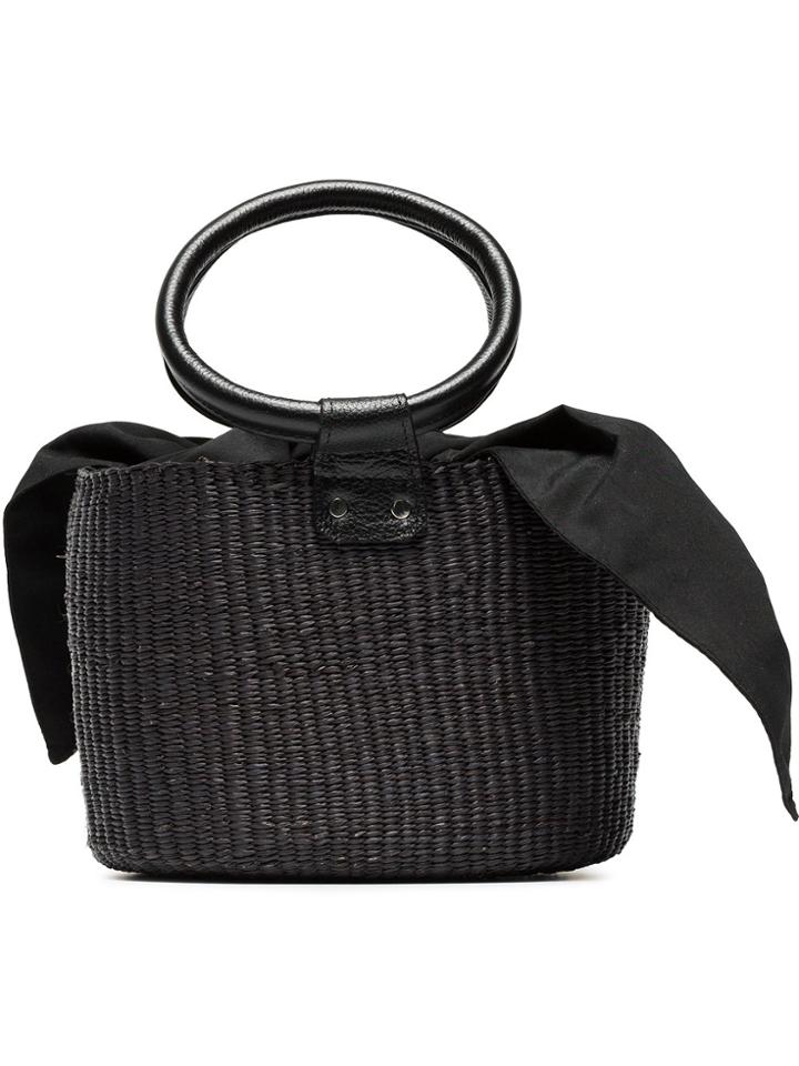 Sensi Studio Black Leather Handle Mini Straw Basket Bag