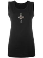 Dolce & Gabbana Crystal Beaded Cross Tank Top, Women's, Size: 40, Black, Cotton/glass/silk/polyester