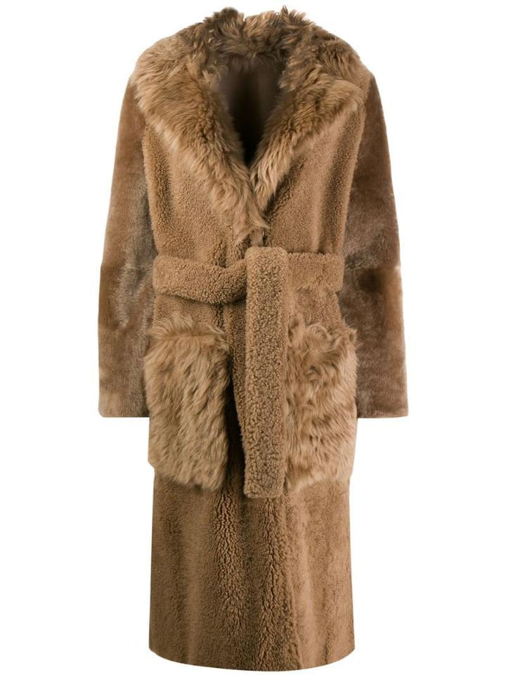 Yves Salomon Belted Shearling Coat - Brown