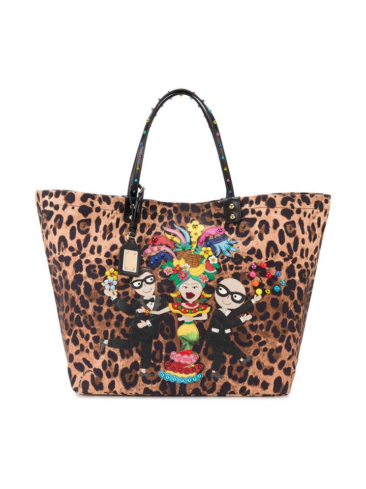 Dolce & Gabbana Beatrice Leopard Print Tote, Women's, Brown, Cotton/calf Leather
