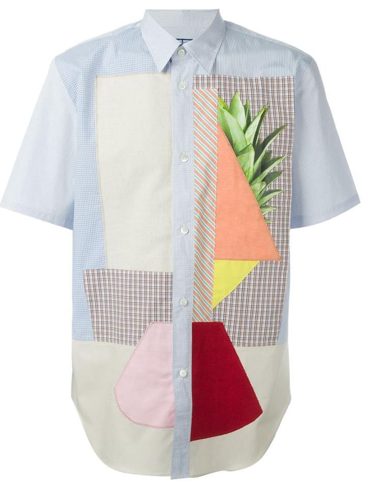 Junya Watanabe Comme Des Garçons Man Grid Print Patchwork Button Down Shirt, Men's, Size: M, Blue, Cotton