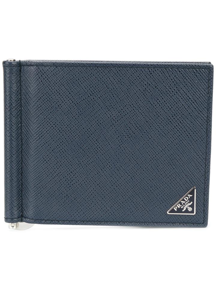 Prada Logo Grained Bifold Wallet - Blue