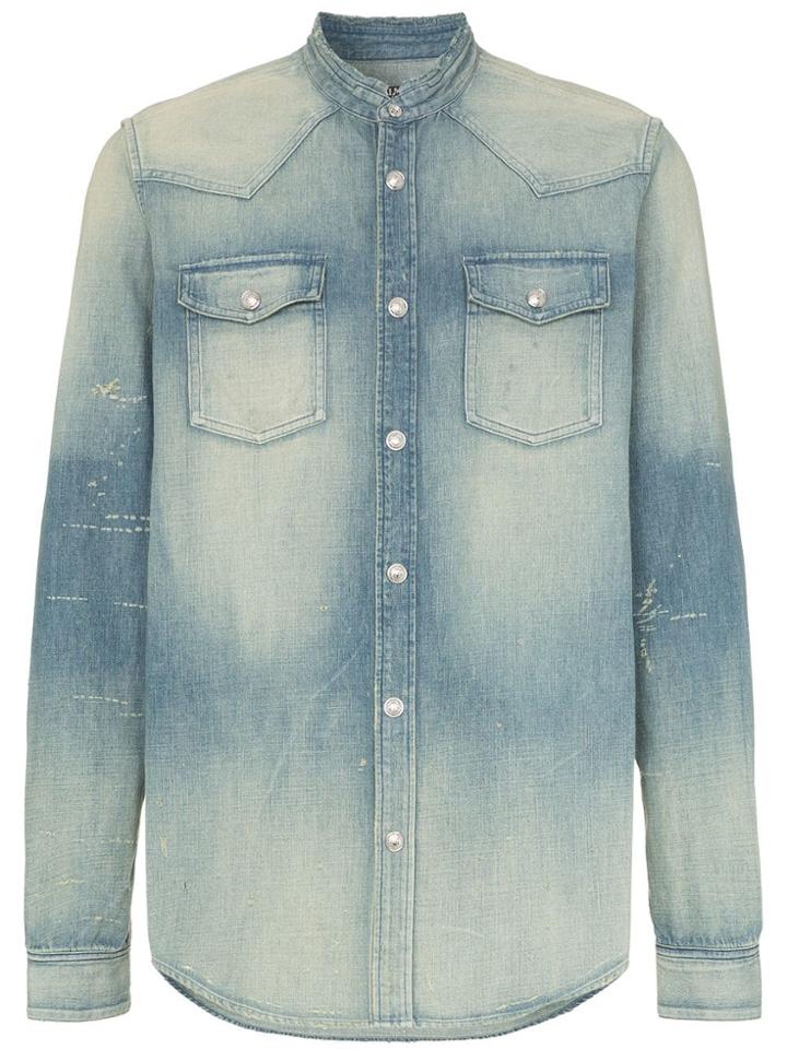 Balmain Logo Embroidered Collarless Denim Shirt - Blue