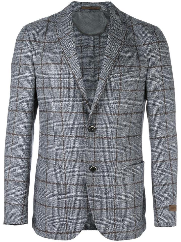 Corneliani Checked Buttoned Blazer, Men's, Size: 52, Grey, Virgin Wool/cupro