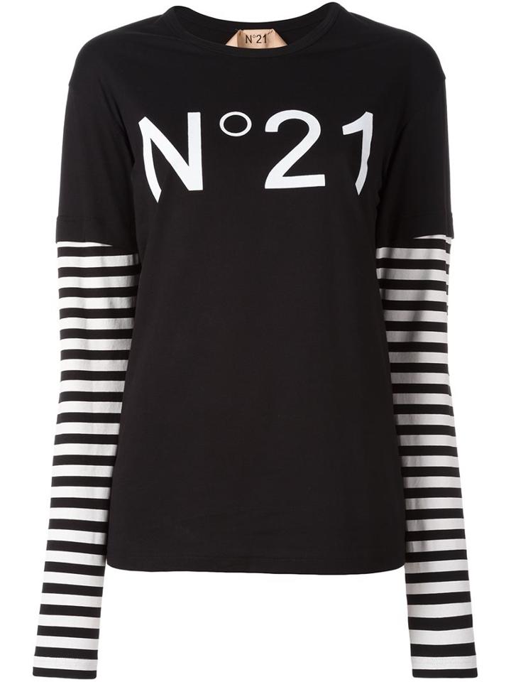 No21 Striped Sleeve T-shirt, Women's, Size: 40, Black, Cotton