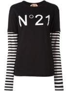 No21 Striped Sleeve T-shirt, Women's, Size: 40, Black, Cotton