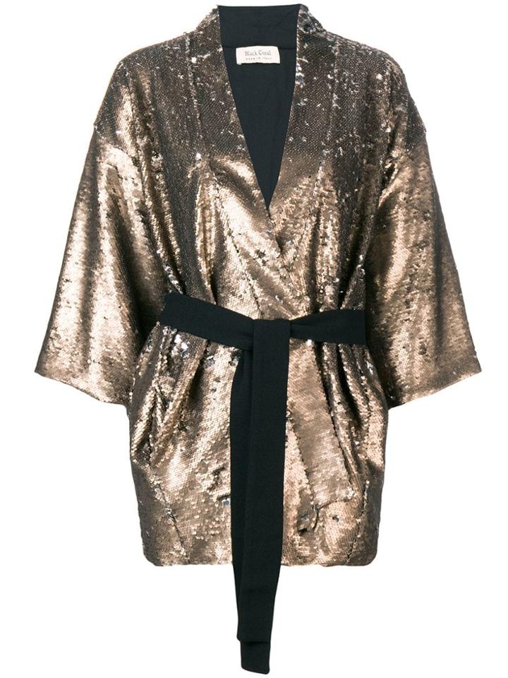Black Coral Sequin Embellished Belted Jacket - Nude & Neutrals
