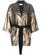 Black Coral Sequin Embellished Belted Jacket - Nude & Neutrals