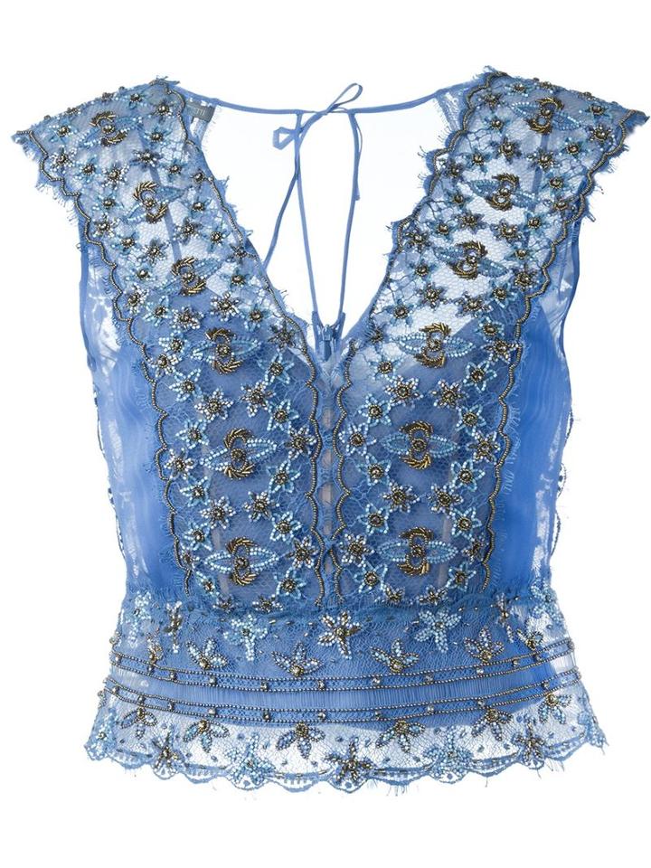 Alberta Ferretti Beaded Lace Top, Women's, Size: 44, Blue, Silk/polyamide/metallic Fibre