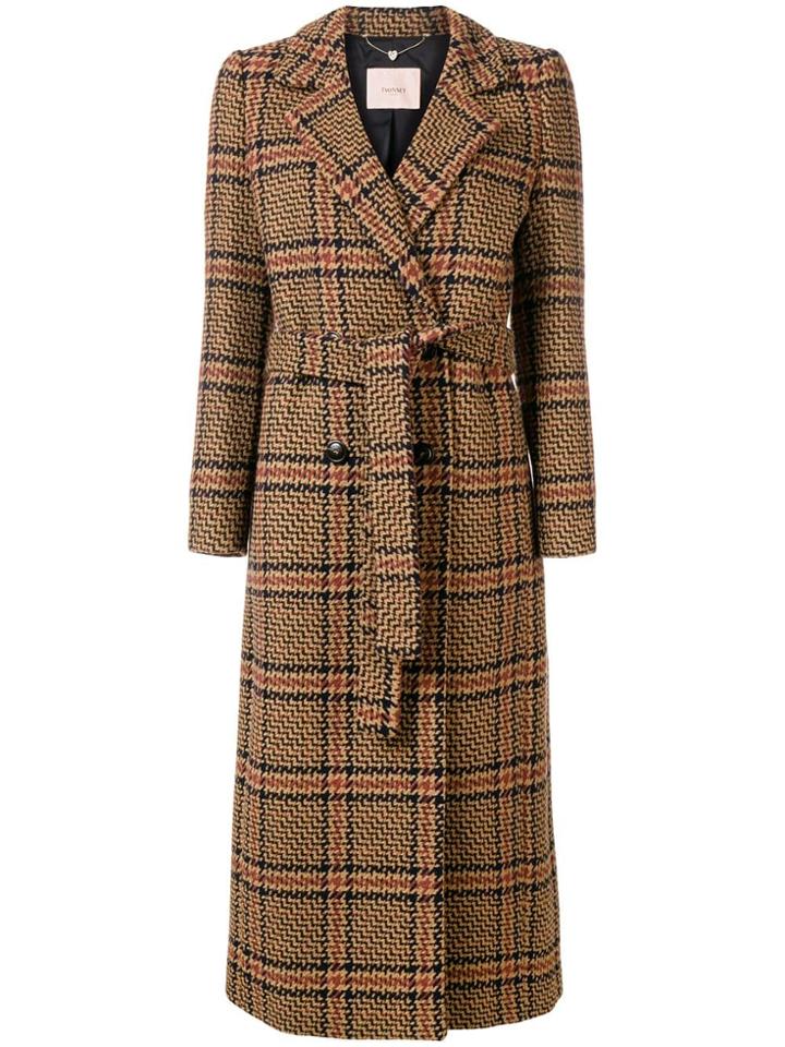 Twin-set Checked Belted Coat - Brown