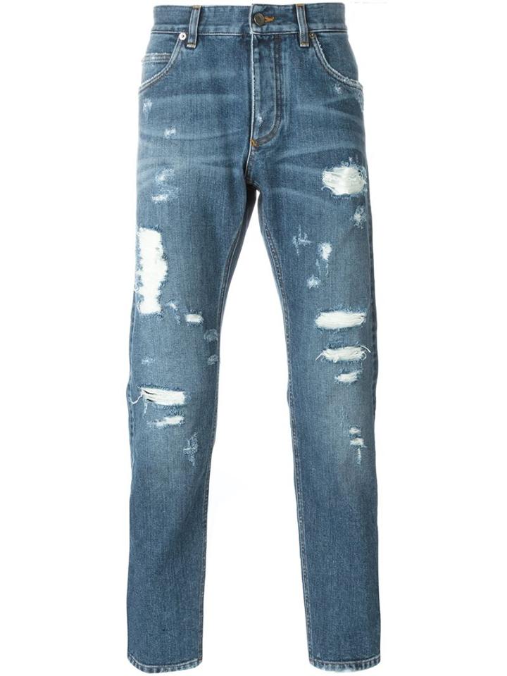 Dolce & Gabbana Ripped Detail Jeans, Men's, Size: 52, Blue, Cotton