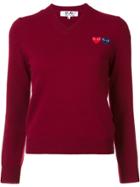Comme Des Garçons Play Double Heart V-neck Jumper - 4 Burgundy