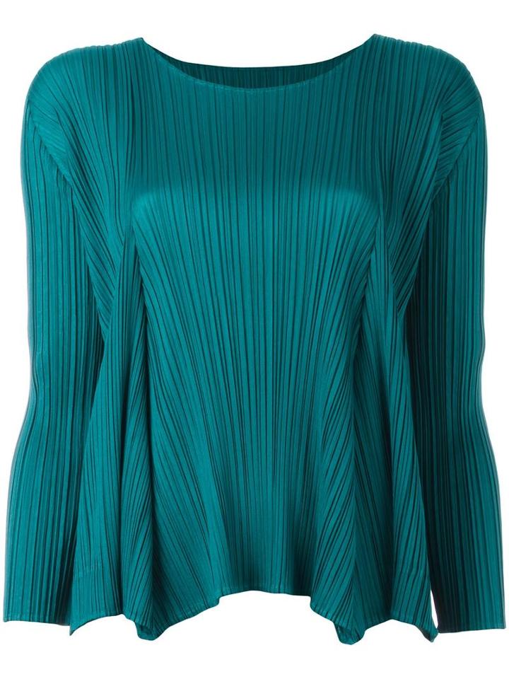 Pleats Please By Issey Miyake Longsleeved Pleated Top, Women's, Size: 4, Blue, Polyester